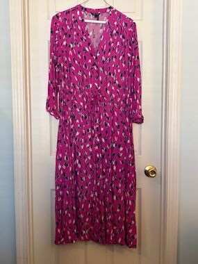 Nic and Zoe Women’s Pink Print V-Neck Tie-Waist Dress - SZ L
